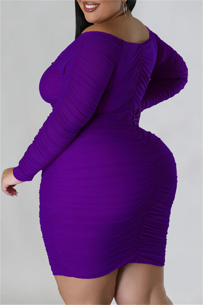 Purple Casual Solid Patchwork Off The Shoulder Long Sleeve Plus Size