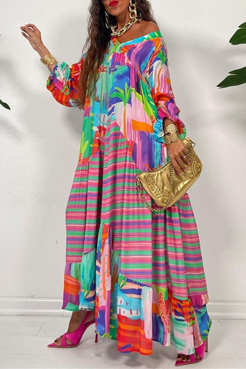 Fashion Street Print Patchwork V Neck Pleated Dresses(3 Colors)