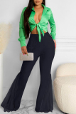 Green Casual Solid Patchwork Boot Cut High Waist Speaker Trousers