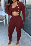 Burgundy Casual Solid Patchwork Buckle Long Sleeve Three Pieces