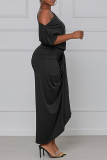 Black Street Solid Patchwork One Shoulder Waist Skirt Dresses