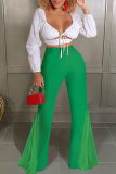Green Casual Solid Patchwork Boot Cut High Waist Speaker Trousers