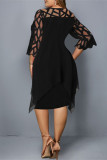 Black Casual Solid Patchwork O Neck One Step Skirt Plus Size Dresses