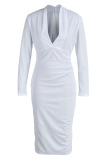 White Sexy Solid Patchwork V Neck Pencil Skirt Dresses