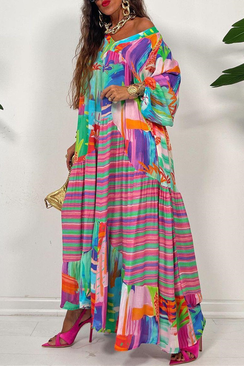 Wholesale Multicolor Casual Print Patchwork V Neck Long Sleeve Dresses ...