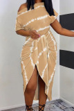 Khaki Casual Print Patchwork Asymmetrical Oblique Collar Irregular Dress Dresses