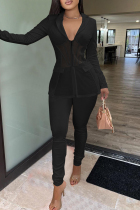 Black Sexy Casual Solid Patchwork See-through V Neck Long Sleeve Two Pieces