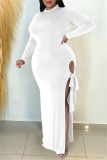 White Casual Solid Bandage Hollowed Out Slit Half A Turtleneck Long Sleeve Dresses