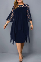 Deep Blue Casual Solid Patchwork O Neck One Step Skirt Plus Size Dresses