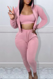 Pink Casual Solid Patchwork Hooded Collar Long Sleeve Three Pieces