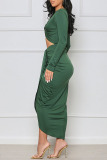 Green Sexy Solid Hollowed Out Patchwork Asymmetrical O Neck One Step Skirt Dresses