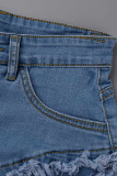 Black Street Solid Tassel Patchwork Flounce Loose High Waist Type A Solid Color Plus Size Denim Shorts