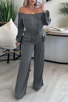 Grey Casual Solid Patchwork Pocket Fold Off the Shoulder Straight Jumpsuits