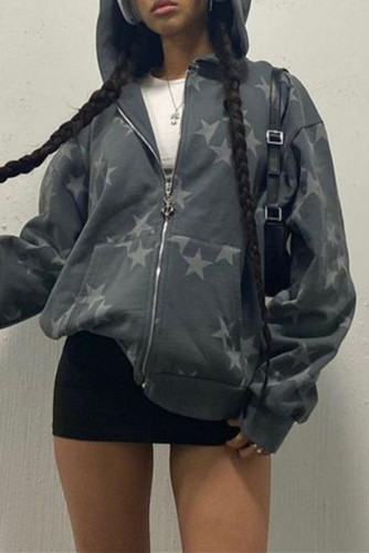 Grey Casual Print The stars Patchwork Hooded Collar Outerwear