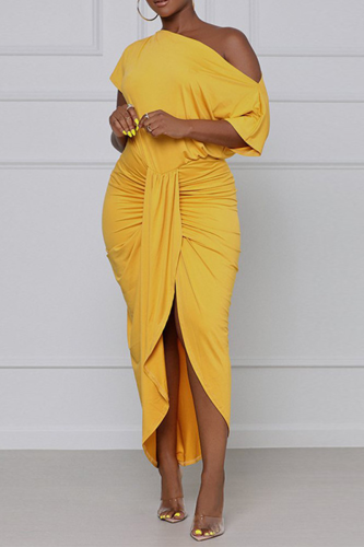 Yellow Street Solid Patchwork One Shoulder Waist Skirt Dresses