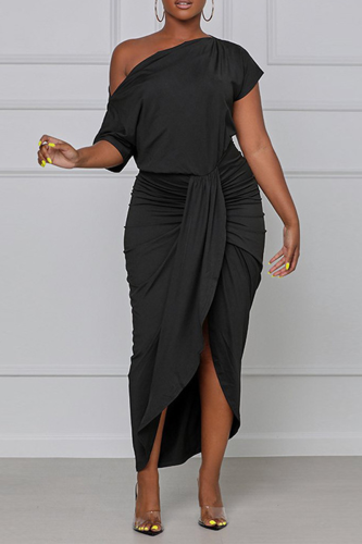 Black Street Solid Patchwork One Shoulder Waist Skirt Dresses
