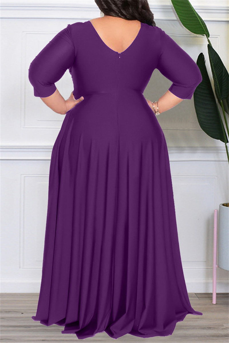 Wholesale Dark Purple Casual Solid Patchwork V Neck Long Sleeve Plus Size Dresses K60900 5 Online 9478