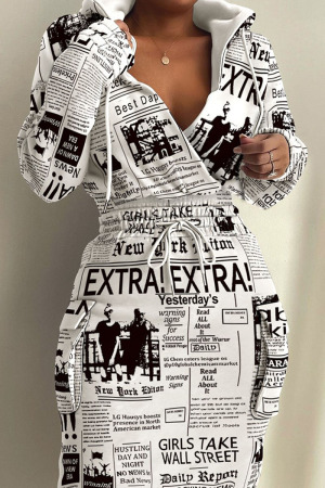 White Casual Print Patchwork V Neck Long Sleeve Dresses