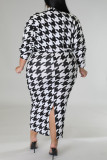 Black And White Casual Print Patchwork Slit Turtleneck Plus Size Two Pieces