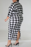 Black And White Casual Print Patchwork Slit Turtleneck Plus Size Two Pieces
