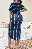 Blue Casual Print Patchwork Asymmetrical Oblique Collar Irregular Dress Dresses