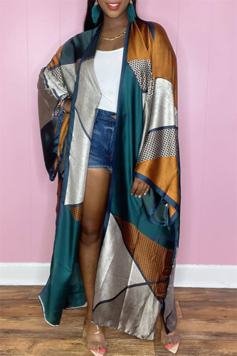 Brown Casual Print Patchwork Cardigan Cardigan Collar Outerwear