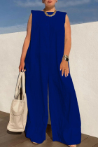 Blue Fashion Casual Solid Patchwork O Neck Regular Jumpsuits