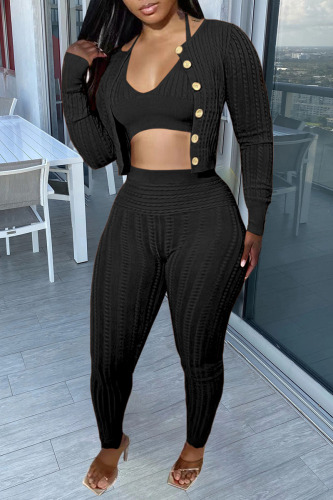 Black Casual Solid Patchwork Buckle Long Sleeve Three Pieces