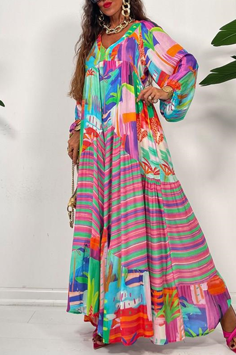 Wholesale Multicolor Casual Print Patchwork V Neck Long Sleeve Dresses ...