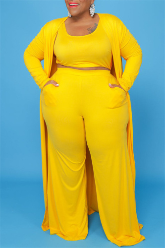 Yellow Casual Solid Cardigan Vests Pants O Neck Plus Size Two Pieces
