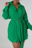 Green Casual Solid Patchwork Buckle Fold Turndown Collar Dresses