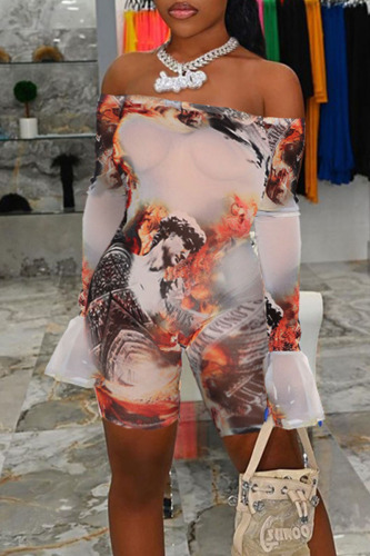 Red Sexy Print Patchwork Off the Shoulder Skinny Rompers