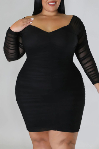 Black Casual Solid Patchwork Off the Shoulder Long Sleeve Plus Size Dresses