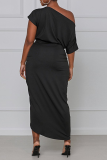 Black Street Solid Patchwork One Shoulder Waist Skirt Dresses