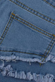 Black Street Solid Tassel Patchwork Flounce Loose High Waist Type A Solid Color Plus Size Denim Shorts