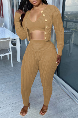 Apricot Casual Solid Patchwork Buckle Long Sleeve Three Pieces