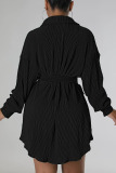 Black Casual Solid Patchwork Buckle Fold Turndown Collar Dresses