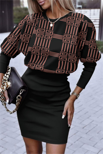 Coffee Casual Print Patchwork O Neck Long Sleeve Dresses