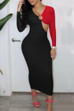 Tangerine Red Sexy Solid Hollowed Out Patchwork V Neck Pencil Skirt Dresses