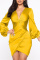 Yellow Sexy Casual Solid Patchwork V Neck Long Sleeve Dresses