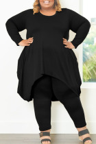 Black Casual Solid Patchwork Asymmetrical O Neck Plus Size Two Pieces