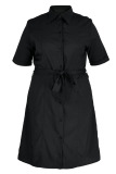 Black Casual Solid Patchwork Buckle Turndown Collar Straight Plus Size Dresses