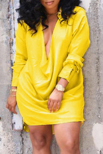 Yellow Casual Solid Patchwork V Neck Long Sleeve Plus Size Dresses