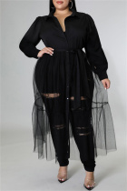 Black Sexy Casual Solid Patchwork Turndown Collar Long Sleeve Plus Size Dresses
