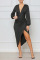 Black Sexy Solid Patchwork Fold Asymmetrical V Neck Long Sleeve Dresses
