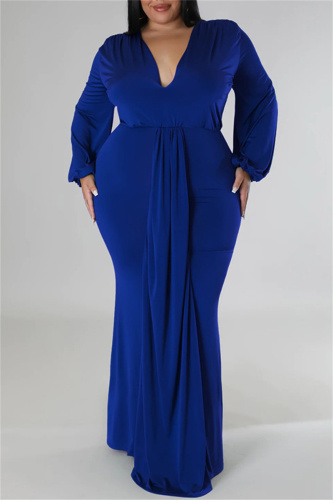 Blue Casual Solid Patchwork V Neck Long Sleeve Plus Size Dresses