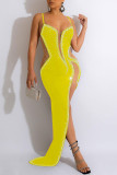 Green Sexy Formal Patchwork Hot Drilling See-through Backless Slit Spaghetti Strap Evening Dress