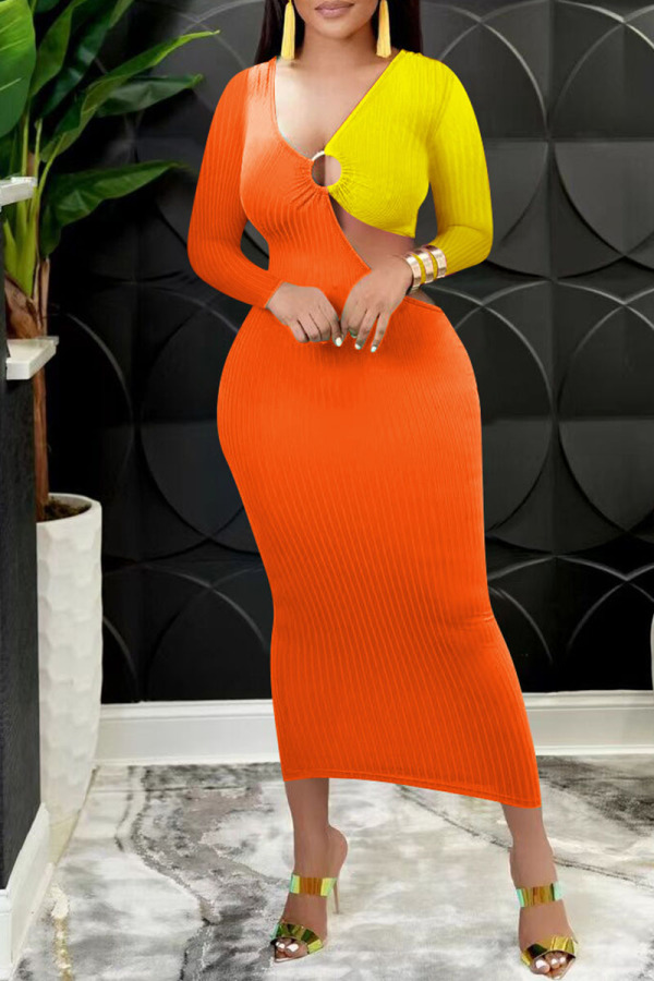 Tangerine Red Sexy Solid Hollowed Out Patchwork V Neck Pencil Skirt Dresses