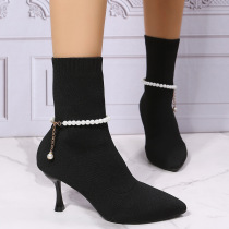 Black White Casual Patchwork Chains Pearl Solid Color Pointed Shoes