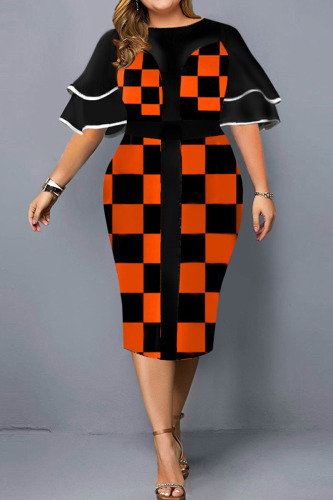 Black Orange Casual Print Patchwork Flounce O Neck One Step Skirt Plus Size Dresses